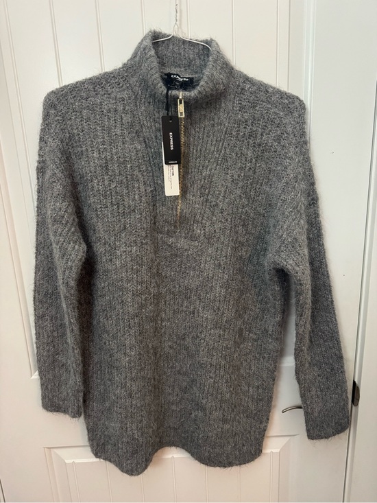 Express Sweaters - NWT Express London Gray Fuzzy Half Zip Sweater XS | Cozy Mock Neck Pullover -F